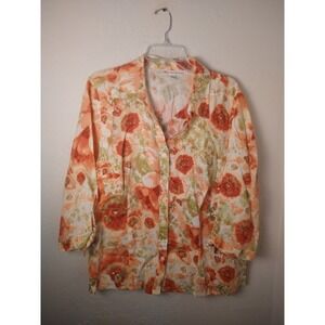 JM Collection Women's Blouse Size 18W Linen Button-Up 3/4 Sleeve Floral EUC